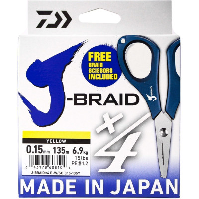 Шнур DAIWA J-Braid X4E-W/SC 0,15мм 135м желтый + ножницы